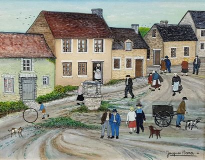 null Jacques HARA (né en 1933) 
"Un village breton". 
Huile sur toile signée en bas...