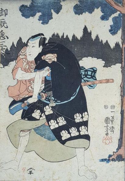 null Quatre estampes japonaises, une Shono d'après Hiroshige, deux à sujet de samouraïs,...