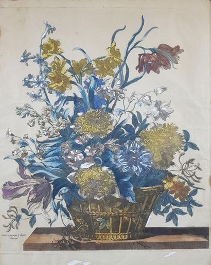 null Jean-Baptiste MONNOYER (1636-1699) (D'après) 
Deux bouquets de fleurs sur un...
