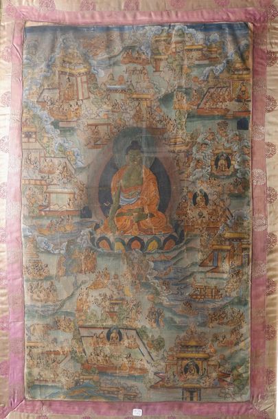 Thangka en couleurs sur textile. 
Tibet,...