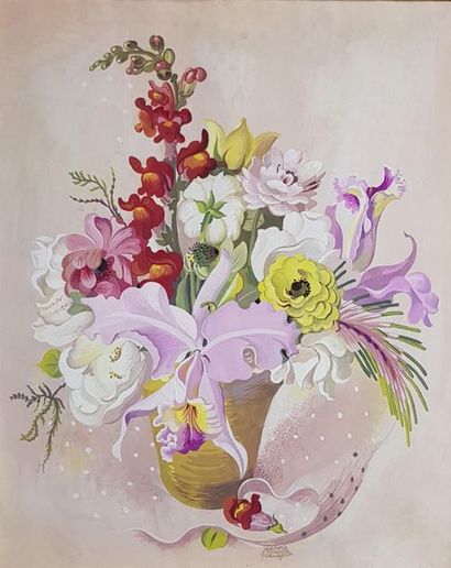 null Jeanne Emma PLAUZEAU (1903 - ?)
Bouquet aux orchidées. 
Gouache signée en bas...