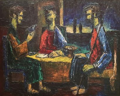 null Pierre LACROIX (1912-1994)
Les trois pèlerins d'Emmaüs. 
Huile sur toile.
130...