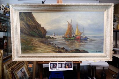 null TH. TANGUI (XXe siècle)
La pêche en voilier. 
Huile sur toile signée en bas...