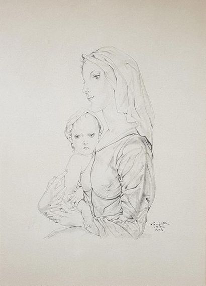 null Tsuguharu FOUJITA (1886-1968)
Vierge à l'enfant, 1952.
Lithographie signée et...