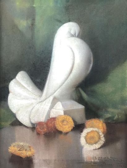 null Firmin BAES (1874-1945) 
Le pigeon blanc, 1927.
Pastel signé, daté et dédicacé...