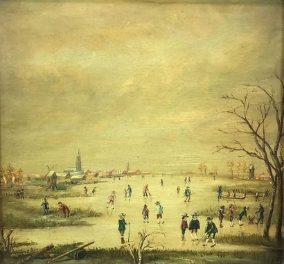 null Ecole hollandaise du XIXe siècle
Patinage et jeux sur l'étang gelé. 
Huile sur...