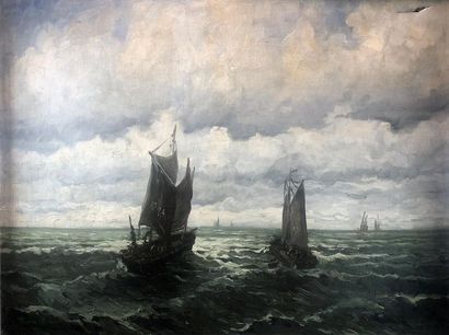 null FRANK-BOGGS (1855-1926) 
Les bateaux de pêche d'Ostende. 
Importante huile sur...