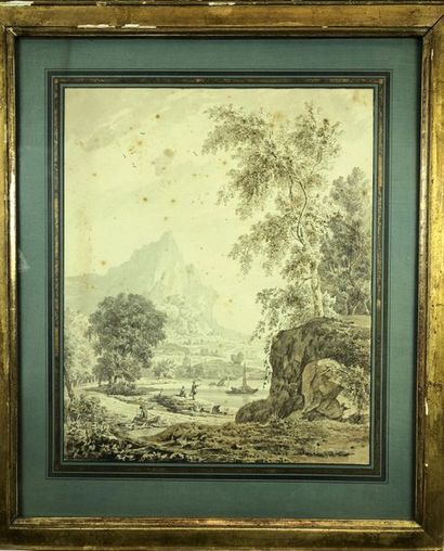 null Ecole du début du XIXe siècle 
Paysage animé
Encre et lavis d’encre noire et...