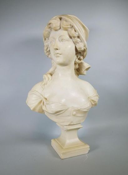 null A. CYPRIEN (XXe siècle)
Buste de jeune femme au fichu. 
Sculpture en albâtre...
