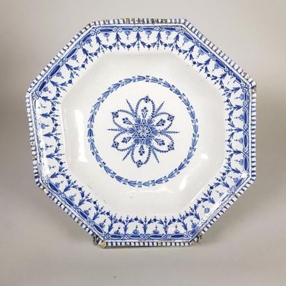 null Rouen
Assiette octogonale en faïence émaillée bleu sur fond blanc d'un motif...