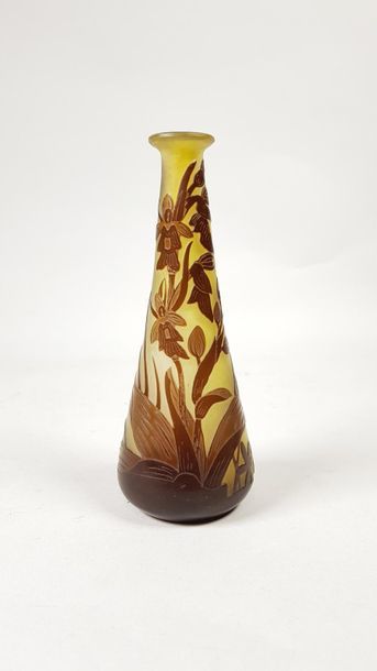 null GALLE
Vase en verre multicouche à décor dégagé à l'acide d'iris en camaïeu brun...