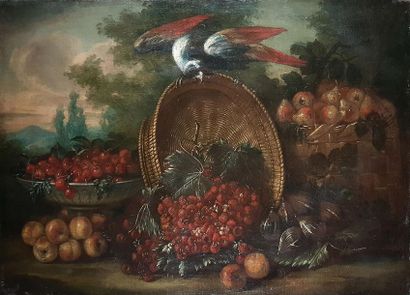 null Ecole italienne vers 1700
Natures mortes aux fruits, paniers et perroquets.
Paire...