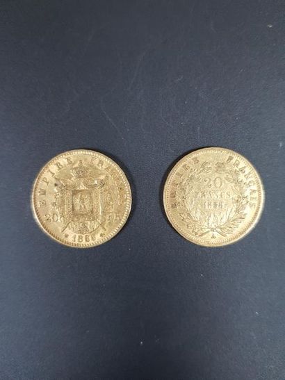null Deux pièces de vingt francs en or au profil de Napoléon III lauré, 1866 et non...