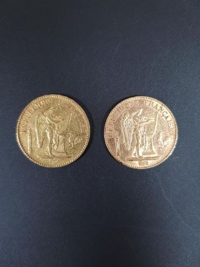 null Deux pièces de vingt francs en or au génie de la liberté, 1848 et 1896.