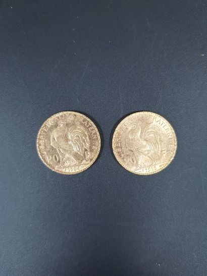 null Deux pièces de vingt francs en or au coq de Chaplain, 1904 et 1912.