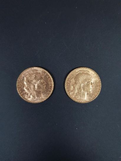null Deux pièces de vingt francs en or au coq de Chaplain, 1901 et 1909.