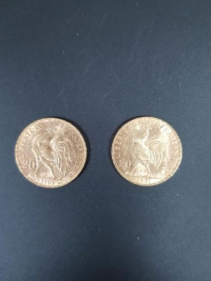 null Deux pièces de vingt francs en or au coq de Chaplain, 1901 et 1909.