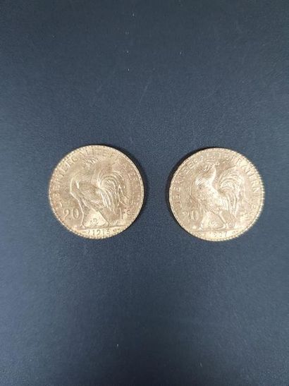 null Deux pièces de vingt francs en or au coq de Chaplain, 1907 et 1913.