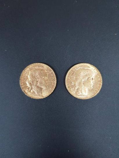 null Deux pièces de vingt francs en or au coq de Chaplain, 1906 et 1912.