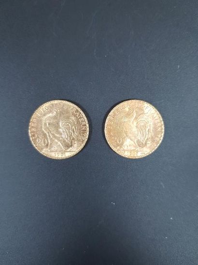 null Deux pièces de vingt francs en or au coq de Chaplain, 1901 et 1907.