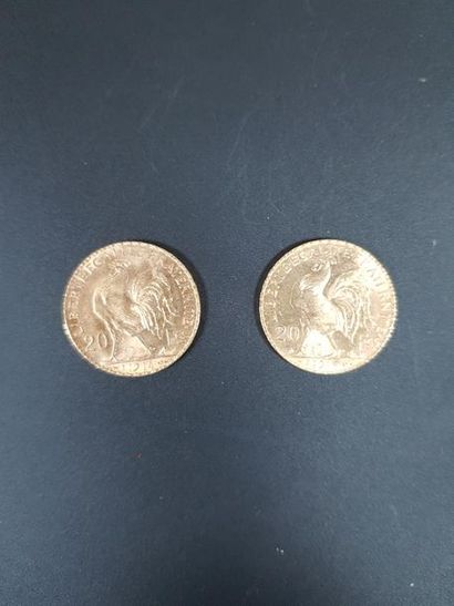 null Deux pièces de vingt francs en or au coq de Chaplain, 1913 et 1914.