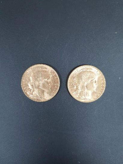 null Deux pièces de vingt francs en or au coq de Chaplain, 1904 et 1913.