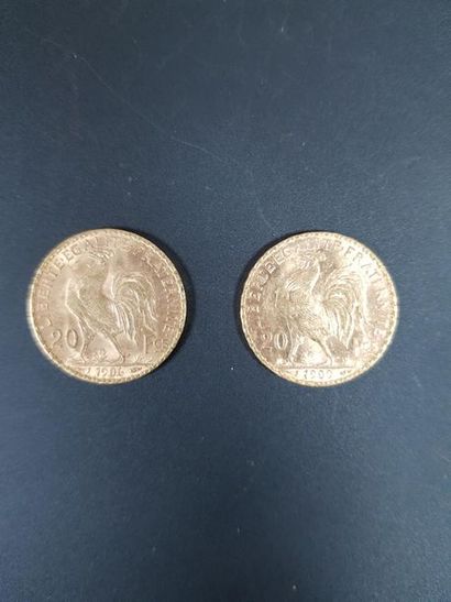 null Deux pièces de vingt francs en or au coq de Chaplain, 1906 et 1909.