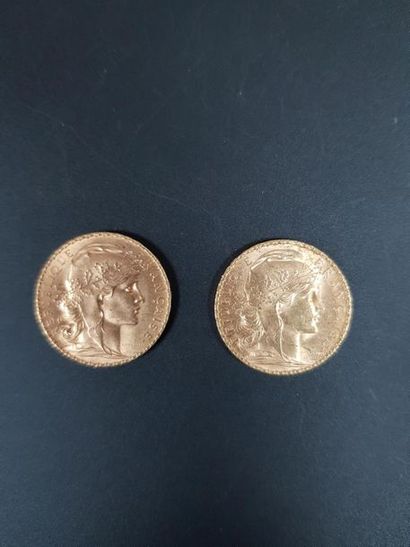 null Deux pièces de vingt francs en or au coq de Chaplain, 1903 et 1909.