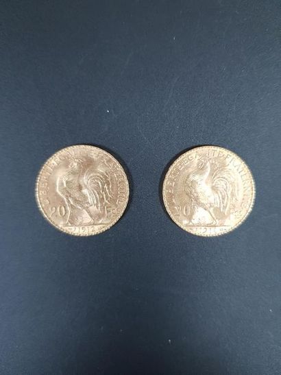 null Deux pièces de vingt francs en or au coq de Chaplain, 1912 et 1914.