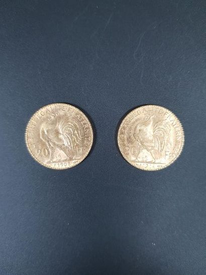 null Deux pièces de vingt francs en or au coq de Chaplain, 1908 et 1914.