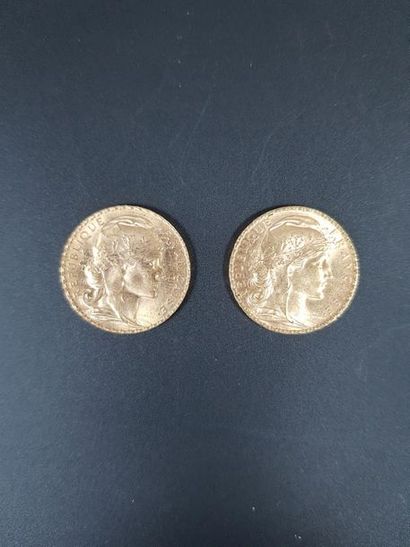 null Deux pièces de vingt francs en or au coq de Chaplain, 1903 et 1910.
