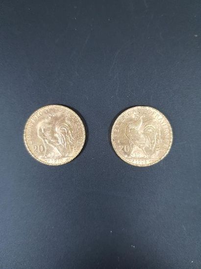 null Deux pièces de vingt francs en or au coq de Chaplain, 1903 et 1910.