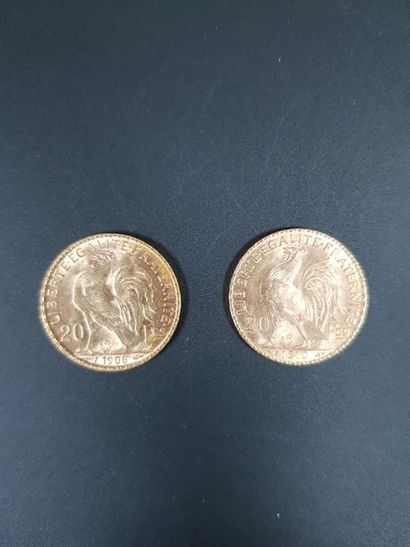 null Deux pièces de vingt francs en or au coq de Chaplain, 1906 et 1910.