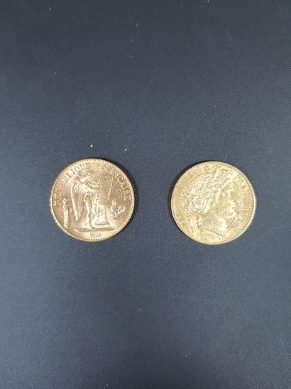 null Deux pièces de vingt francs en or au génie de la liberté, 1895 et au profil...