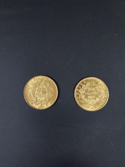 null Deux pièces de vingt francs or, l'une au profil de Cérès, 1851, l'autre de Napoléon...