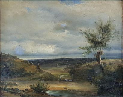 null Ecole du XIXe siècle
Paysages. 
Deux huiles sur toile (rentoilées).
32 x 40,5...