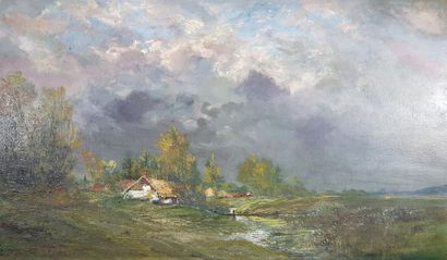 null Jean LAVEZZARI (1876-1947) 
Paysage sous un ciel d'orage.
Huile sur panneau...