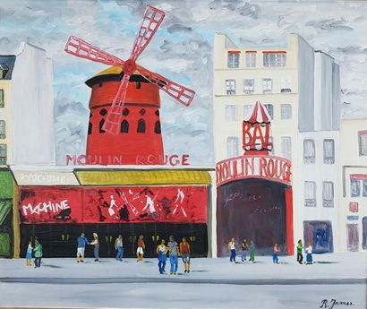 null René JAMES (1935)
"Moulin Rouge".
Huile sur toile signée en bas à droite, titrée...