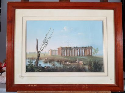 null Ecole napolitaine vers 1900. Temple de Paestum. Gouache. 28,5 x 42 cm