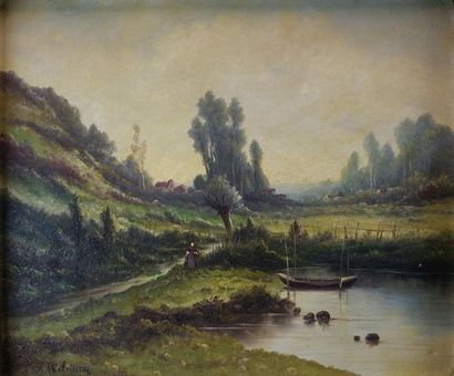 null W.A. OKALOVITCH (XXe siècle). Paysage à la rivière. Huile sur toile (restaurations)...