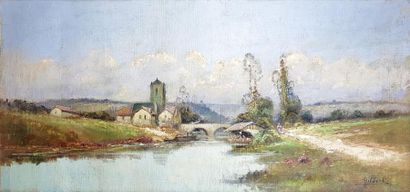 null GILBERT (XXe siècle). Village et pont. Huile sur toile signée en bas à droite.50...