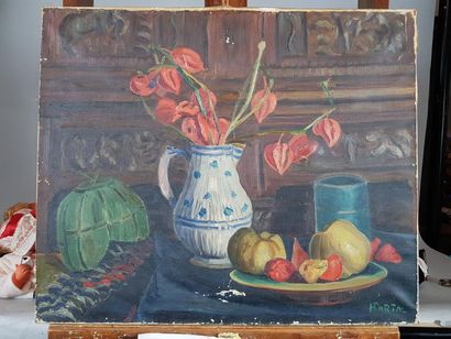 null Henry PORTAL (1890-1982). Nature morte à la carafe fleurie. Huile sur toile...