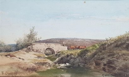 null Henri CHOUPPE (1817-1894)
Le pont sur la rivière. 
Aquarelle située en bas à...