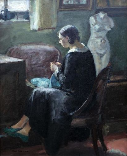 THOMSEN (XIXe siècle) Femme tricotant. Huile...