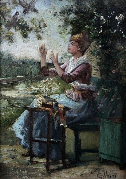 V. GILBERT (XIXe siècle) Au jardin. Huile...