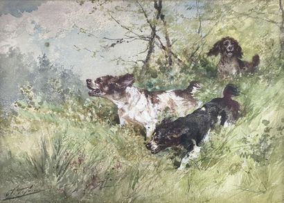 null Charles Olivier DE PENNE (1831-1897) Hunting 
dogs.
Watercolor on strong paper...