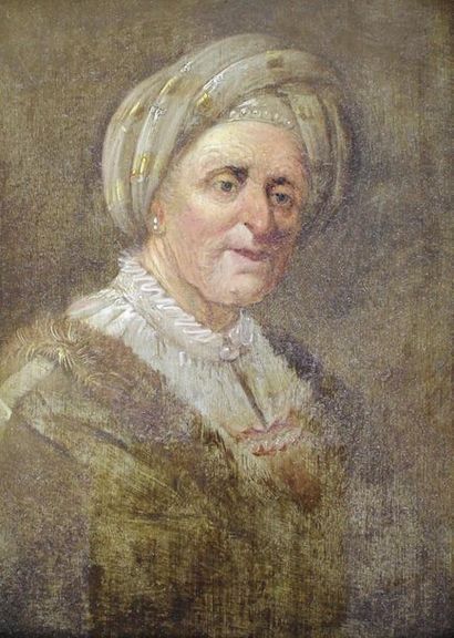 null Ecole hollandaise vers 1700
Portrait de femme au turban. 
Huile sur panneau...