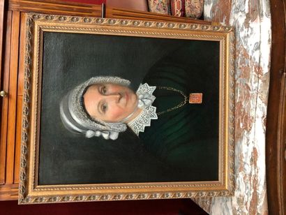 null Ecole du XIXe siècle. Portrait de femme à la coiffe de dentelle. Huile sur toile....