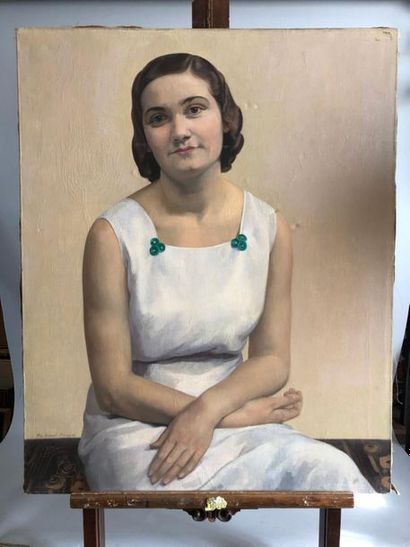 null ML Aubert MOISSON (XXe siècle). Portrait de femme. Huile sur toile signée en...