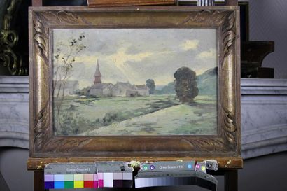 null Pierre BILLET (1837-1922). Le clocher du hameau. Huile sur panneau. 41 x 27...